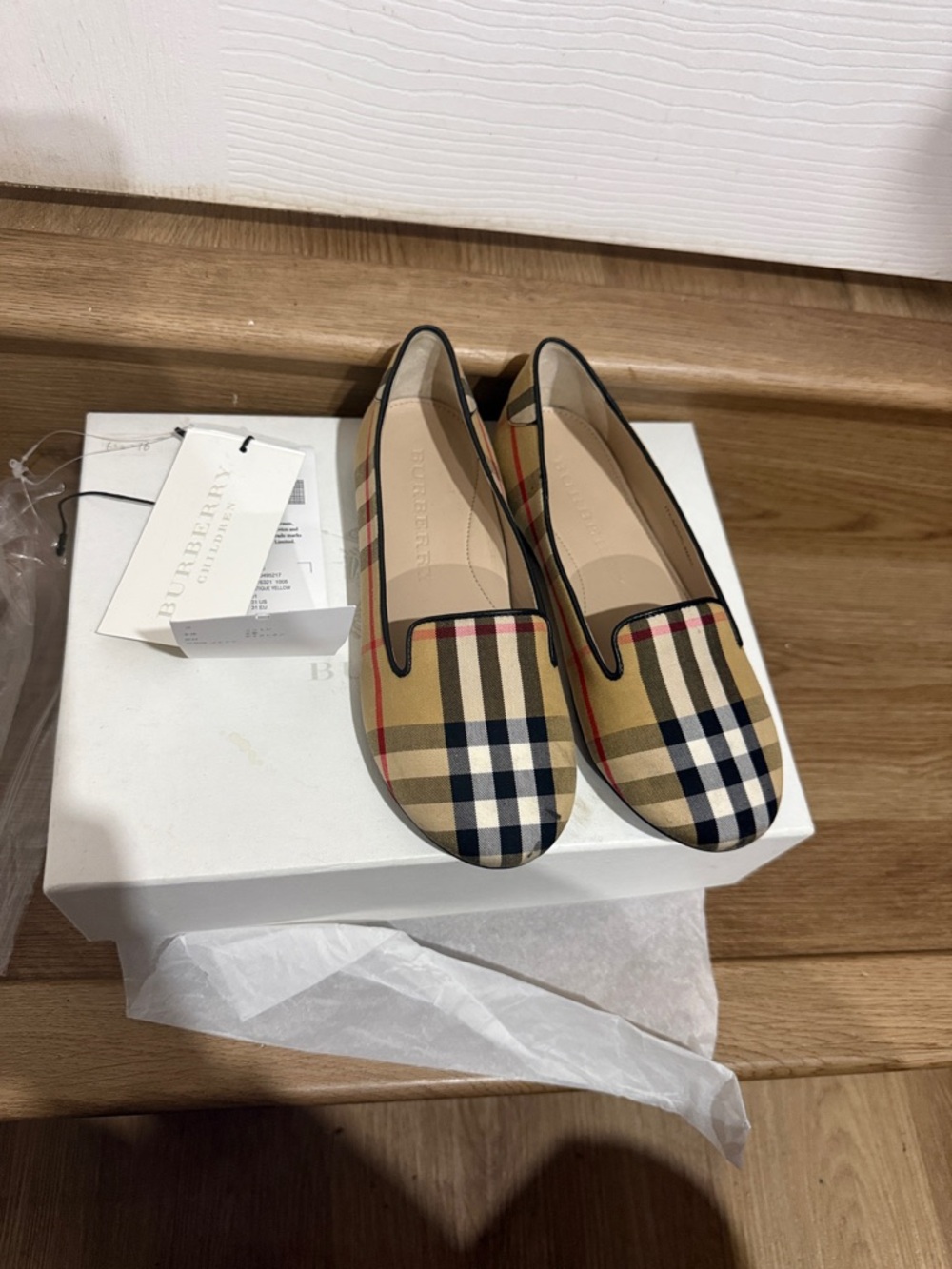 Burberry Beige Vintage Check Flat Loafers with Black Trim